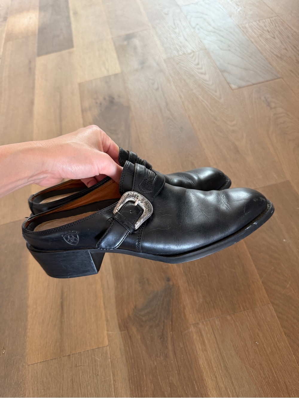 Vintage Black Leather Buckle Backless Mules